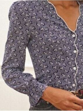 Rouje Navy Floral Button-Down Blouse with White Piping